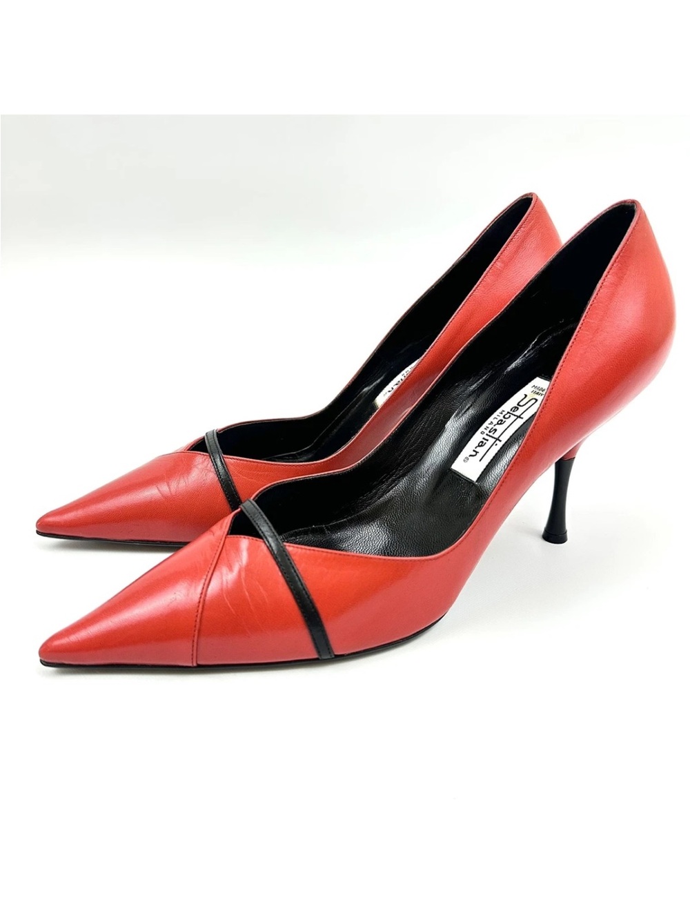 Vintage Sebastian Milano Red Black Leather Pointed Toe Pumps 37.5 Italy